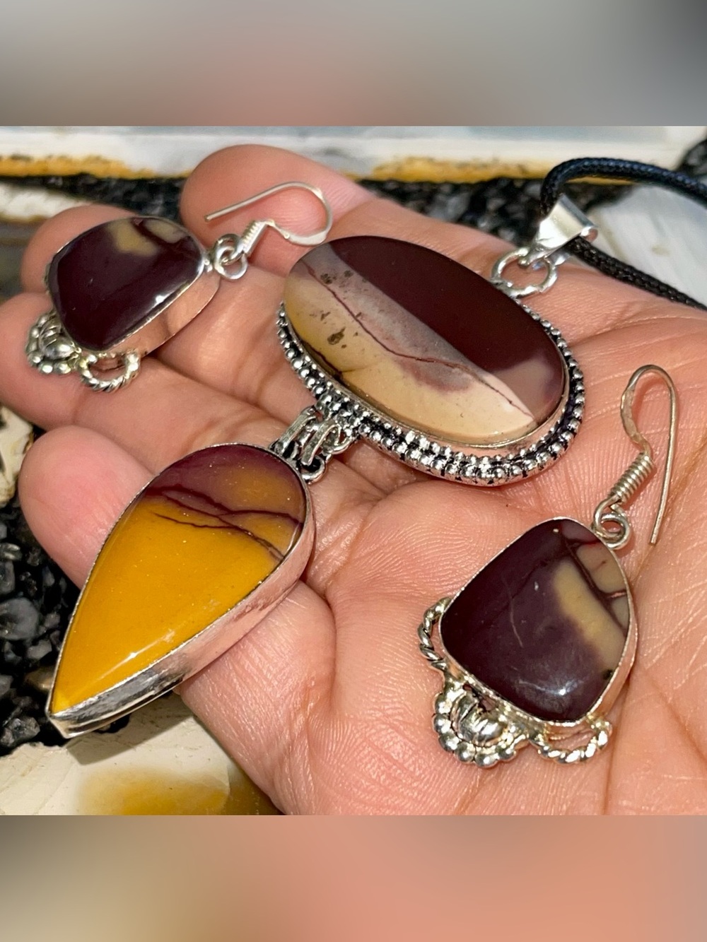Burgundy & Mustard Mookaite Jasper Pendant & Earrings